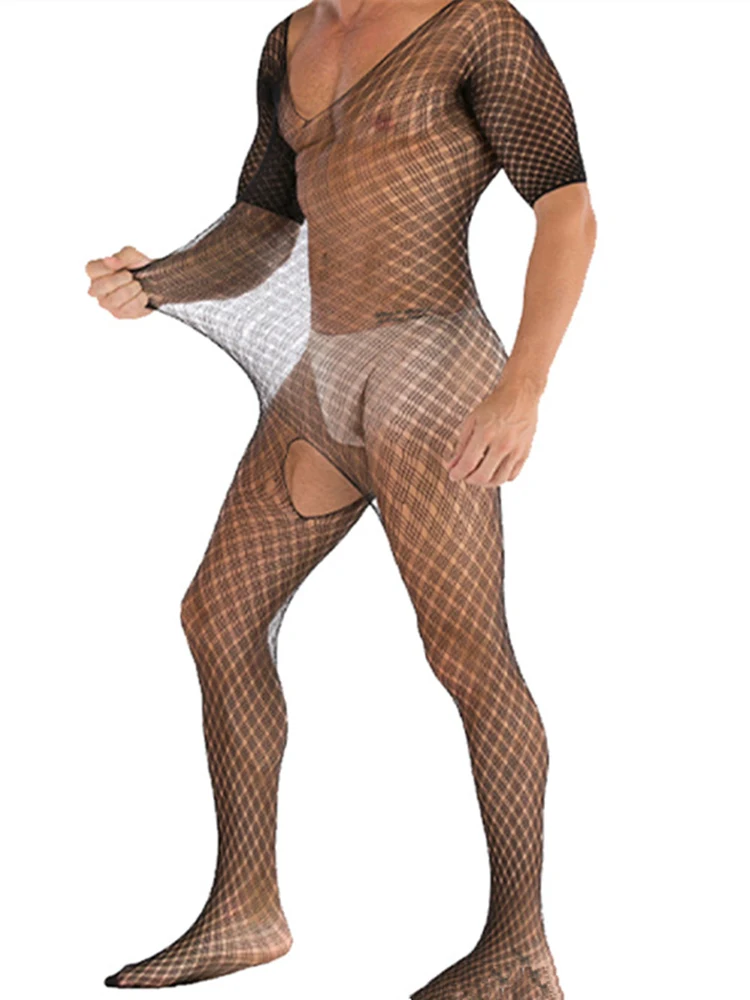 Sexy Men Sheer Sleepwear Babydoll BODYSUIT Mesh Body Stocking Intimate Catsuit Bodysuits Plus Size Lingerie Sexy Underwear