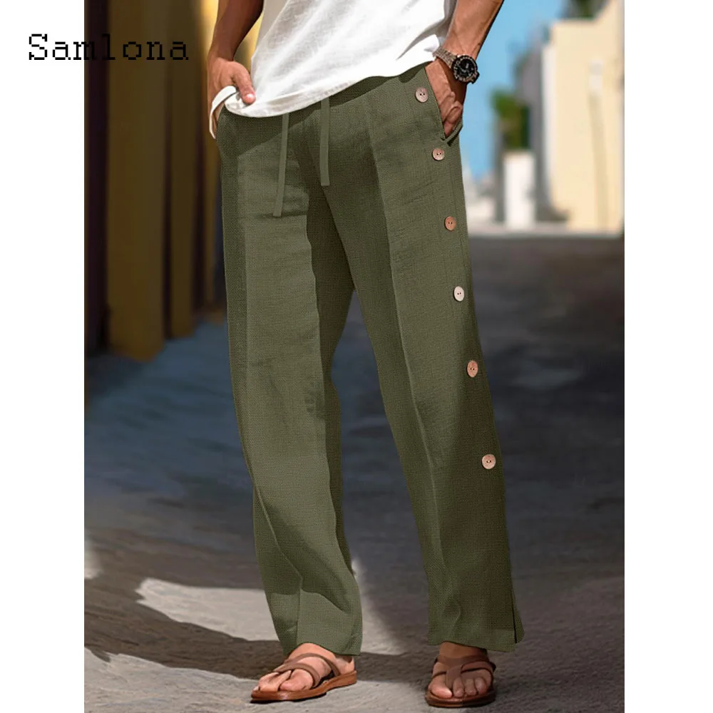 Men Elegant Multi-Buttons Cotton Linen Pants Solid Green Full-Length Trouser Plus Size Mens Casual Beach Drawstring Sweatpants
