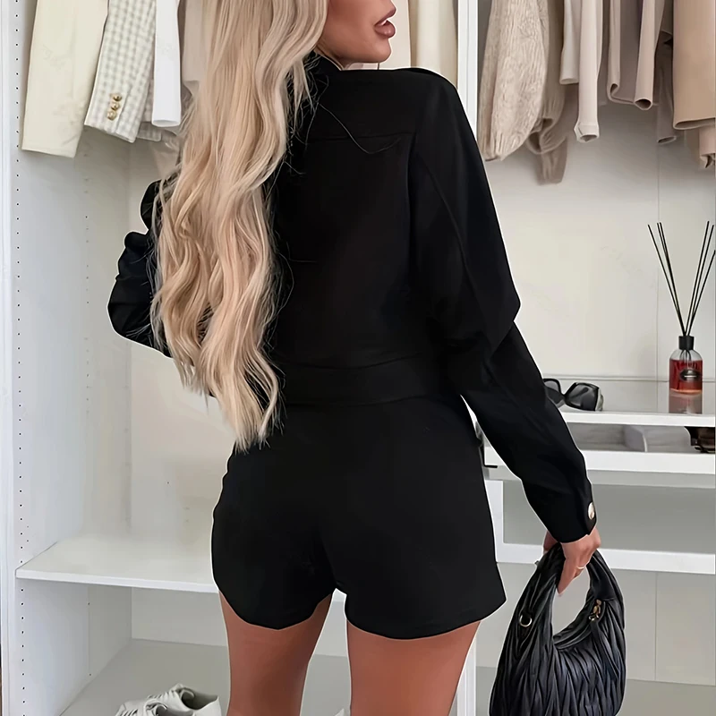 Metal Button Design Blazer Jacket Suit Fall Winter Elegant Long Sleeved Commuting Set Fashion High Street Slim Fit Shorts Outfit
