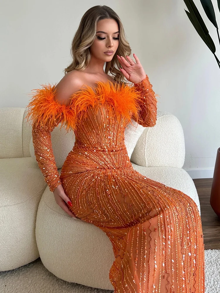 Party Evening Off Shoulder Mesh Sequins Feather Maxi Long Orange Bodycon Dress Elegant  Ball Gowns