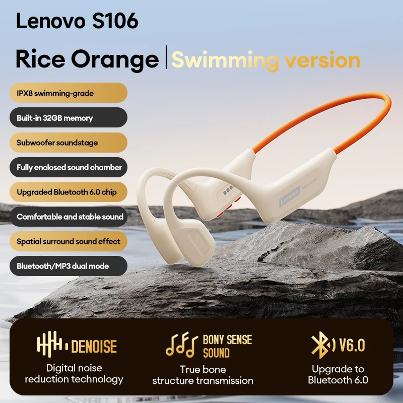 Choice Lenovo S106 Bone Conduction Earphone Wireless MP3 Headset Bluetooth 6.0 IPX8 Waterproof Headphones For Swimming Running
