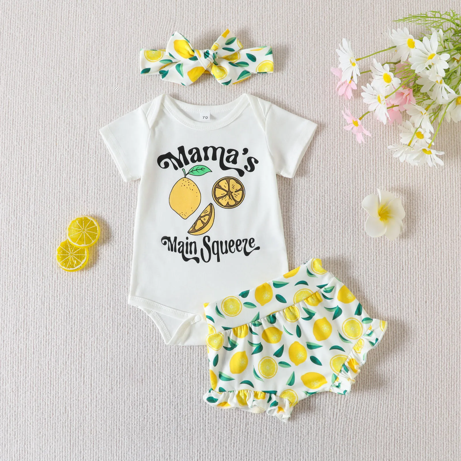 Summer Kids Infant Girls Shorts Suit Casual Street Party Short Sleeve Letters Lemon Romper Tops+Shorts +Bow Head Band 3 6 12 18M