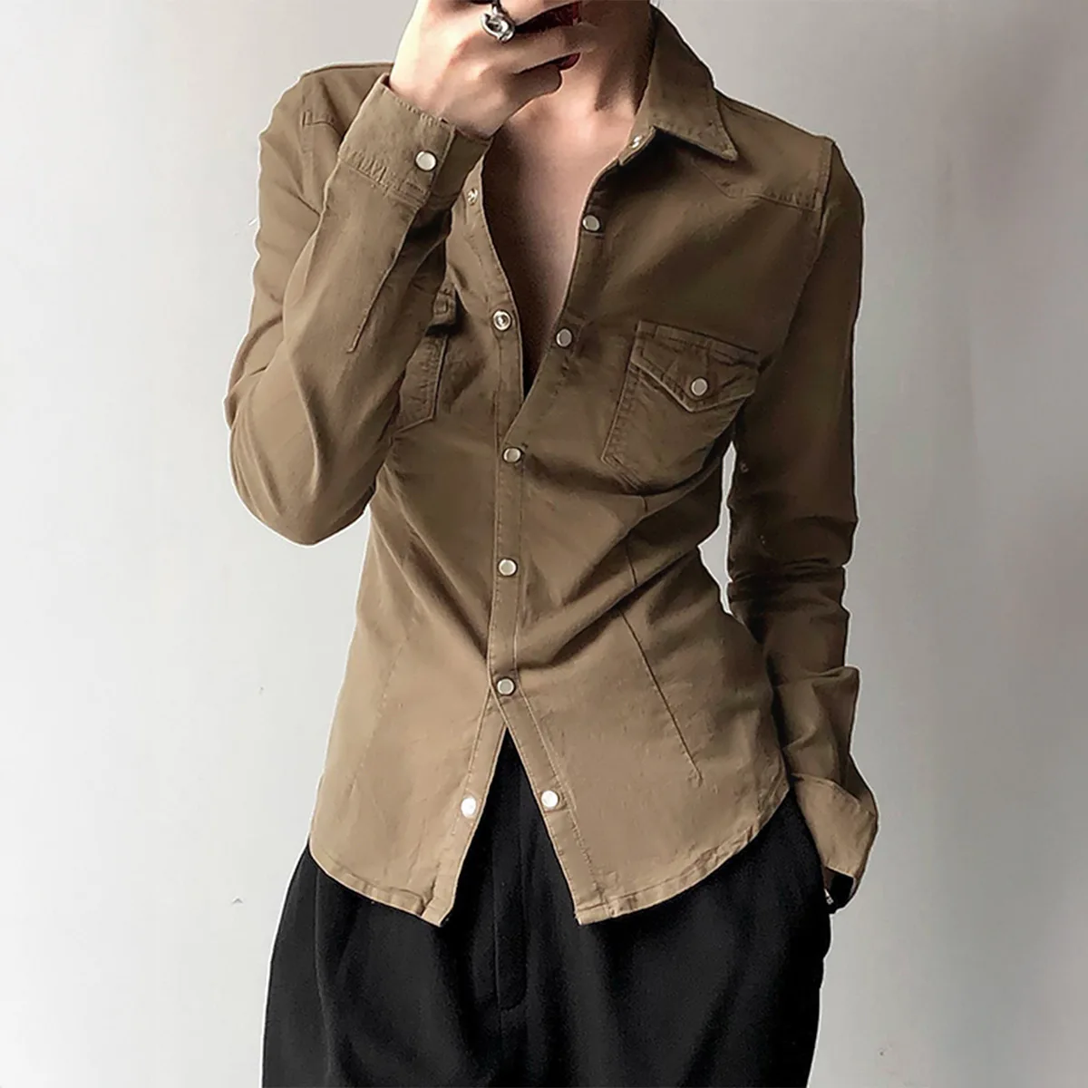 

European American Fashion Simple Solid Color Long-sleeved Tops and Shirts for Women 2025 Autumn Winter
