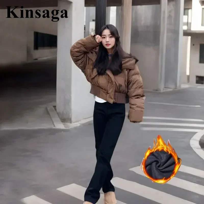 Kinsage Black Fleece-lined Cigarette Jeans Petite Girl Narrow Wide Leg Mopping Denim Pants Pear Shape Straight Drape Pant