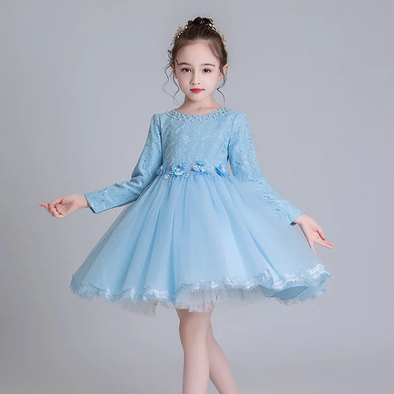 Girl Christening Evening Princess Dresses Women Elegant Party from 5 8 to 9 12 Years Old Kids Winter Long Sleeve Lace Blue Dress