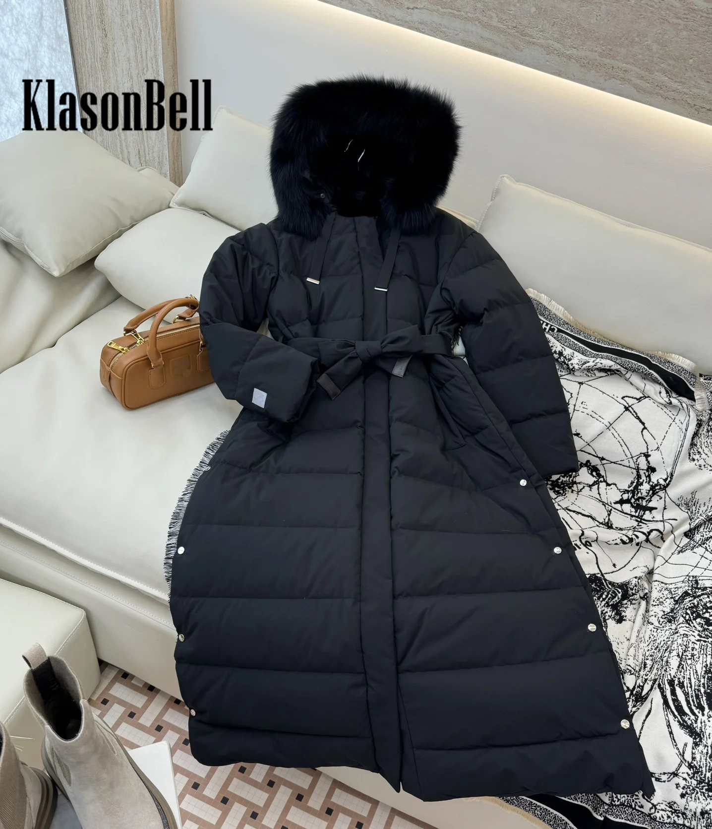 9.6 KlasonBell Women Fashion Fur Hooded Long Sleeve Jacket Thick Keep Warm White Goose Down With Sashes Loose Down Outerwear