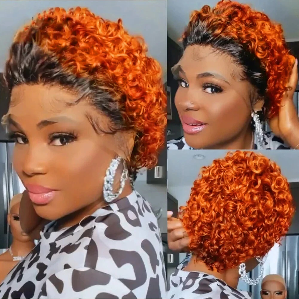 Brown Ombre Pixie Cut Wig Short Bob Curly Human Hair Wigs perruque bresillienne 99J Burgundy1B/Ginger Orange Water Deep Wave Wig