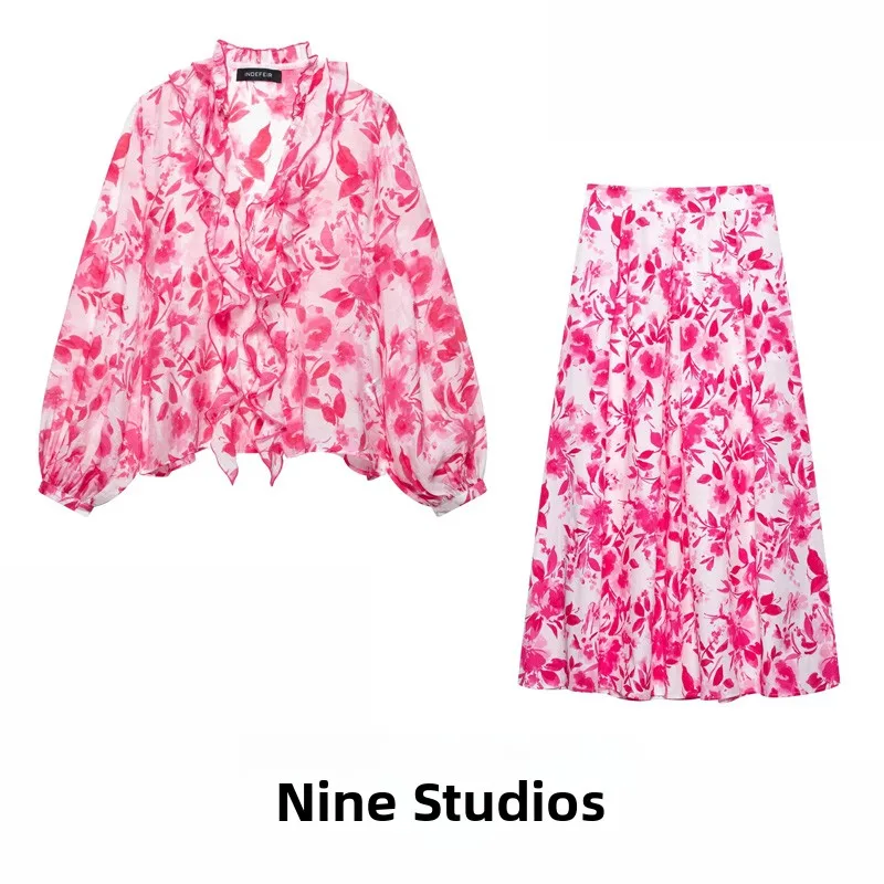 

New NINE ZA Women's Faion Set Long Sve V-Ne Printed irt T Skirt Two-Piece Ensemble Spring 2025 Collection