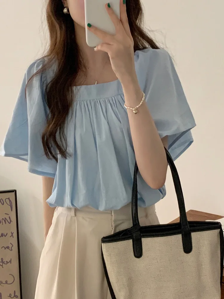 

Chic Sweet ort Sve Doll irt Women's Summer Loose Age-defng Sli Beautiful Top Commute Sle Square Collar Bell Sl...