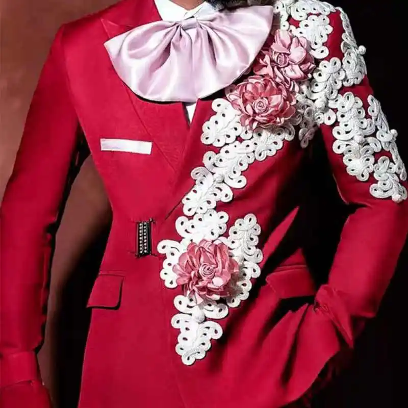 Ternos masculinos vermelhos conjunto 2 peças blazer + calças 3d flor luxo casamento smoking jaqueta formal escritório negócios noivo casaco masculino