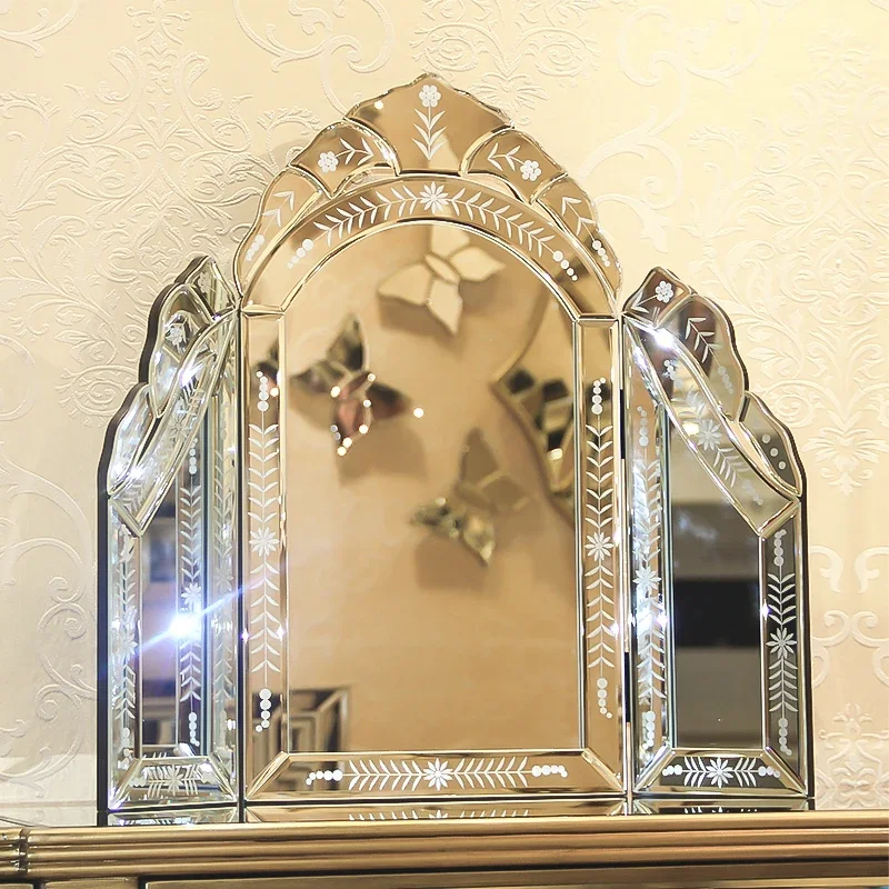 European Handmade Carved Makeup Makeup Triple Fold Mirror Vertical Shaped Mirror Home Decoration