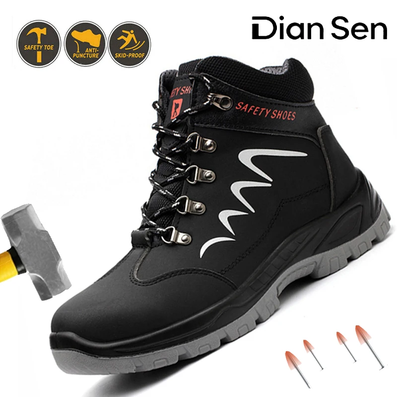 メンズハイカットワークスニーカー、クッション性のある耐衝撃安全靴、耐衝撃鋼製つま先安全靴、防水滑り止めブーツ