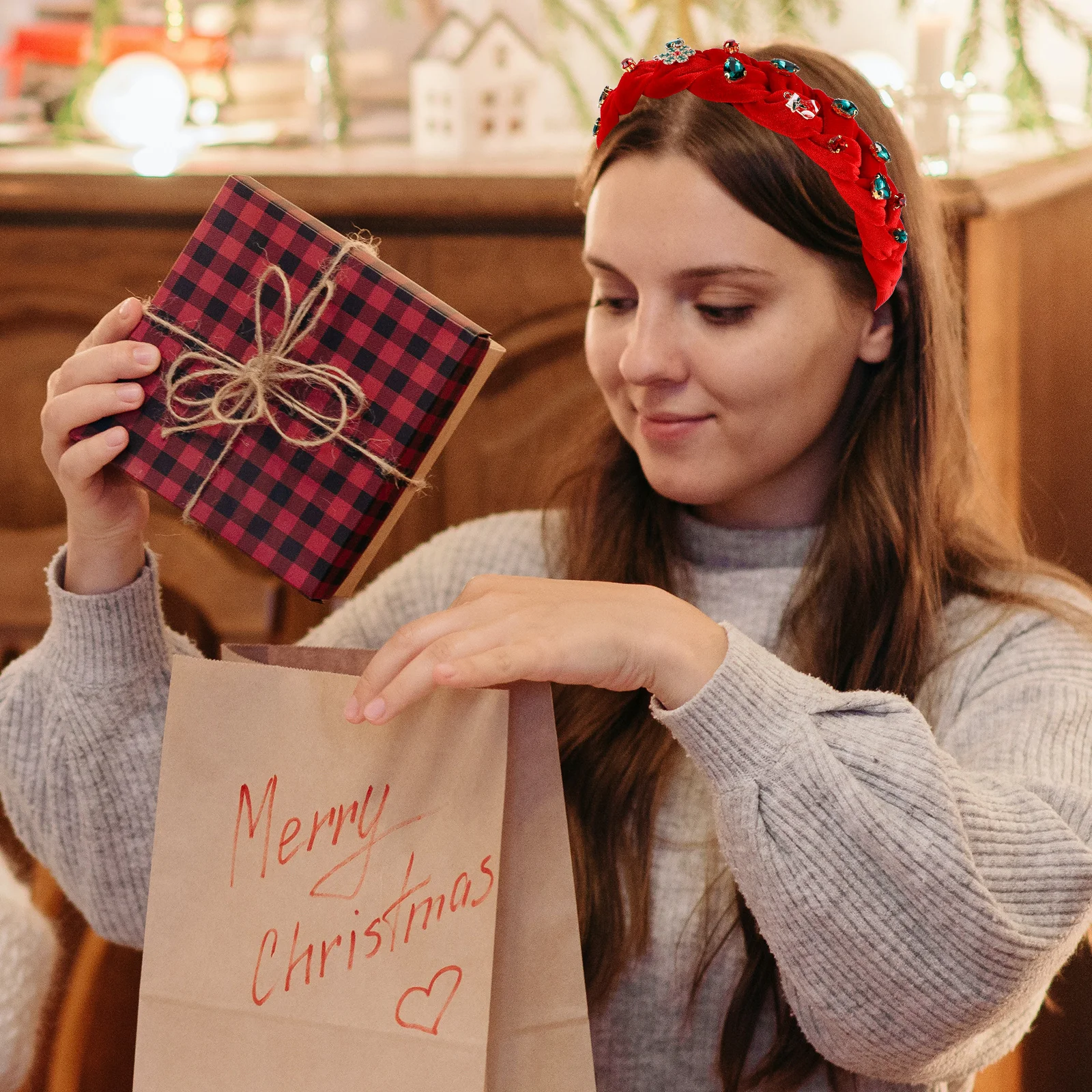 

1pcs Christmas Headband For Women Red Crystal Snowflakes Decor Holiday Party Hair Accessory Rhinestone Headpiece Wide Turban
