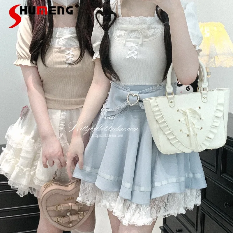 

Футболка SC Mine Series Rojita с кружевной отделкой, рюшами и пышными рукавами, облегающая, в японском стиле Y2K, с коротким рукавом, приталенная, 3 цвета