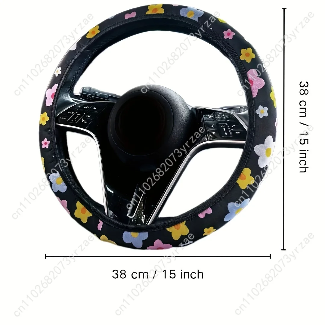 

Color Printing Womens Sweet Floral Print Steering Wheel Cover Elastic No Inner Ring Easy Install Washable Cute Vehicle Accessory