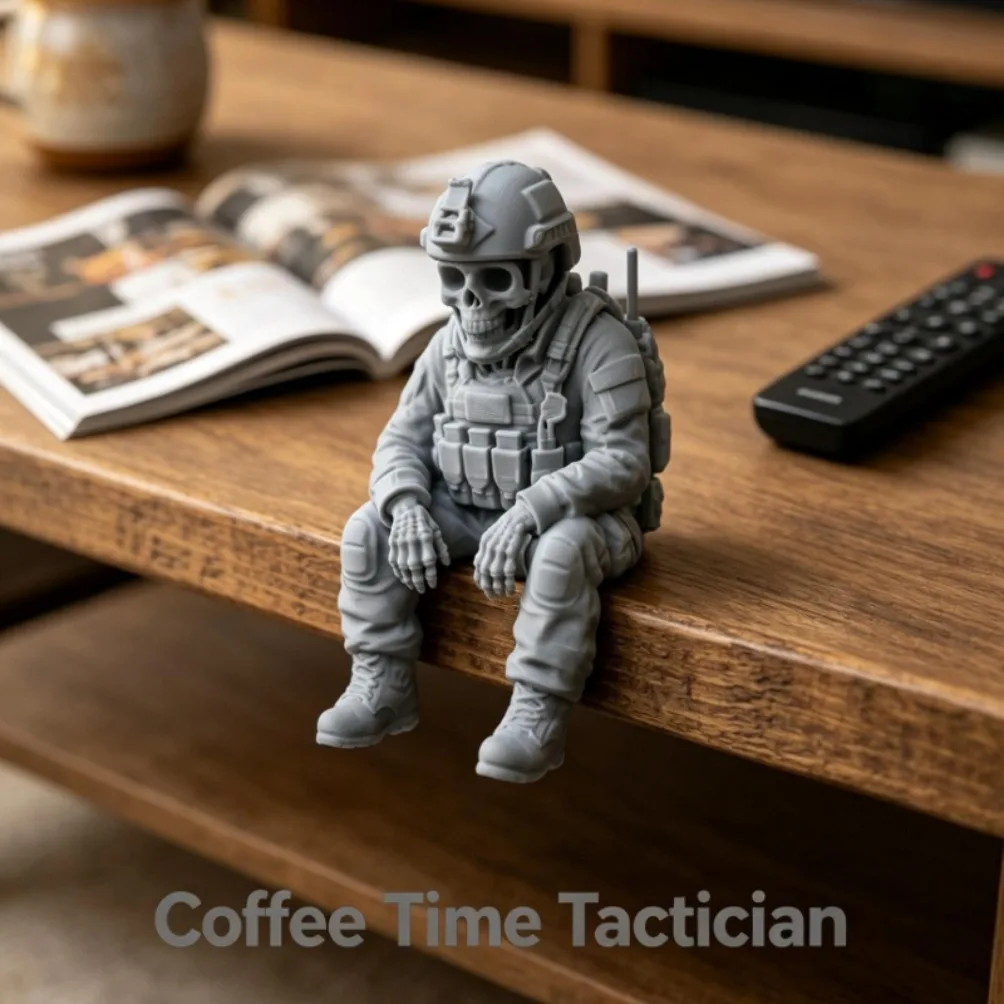 Sitting Tactical Skull Soldier Ornament 3D Printed Home Office Military Skull Soldier Figurine Whimsical Seated Warrior Ornament