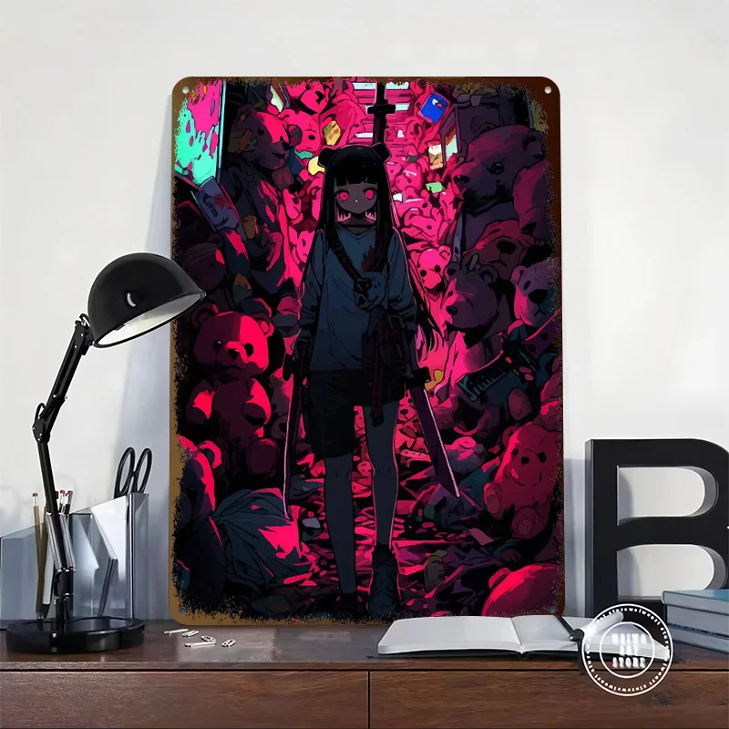 Anime Girl With Swords and Teddy Bears Printed Poster Customized Wall Art Retro Vintage Metal Tin Signs for Room Bathroom Decor