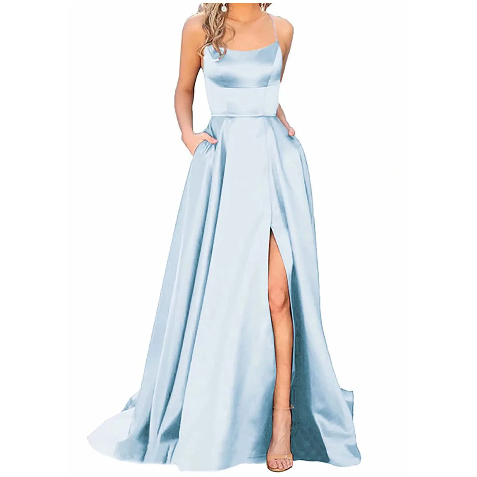 Frauen lange Kleider rücken frei lange Kleider Satin Riemen Party kleid Seite Schlitz Hochzeits taschen Kleid vestidos платье 2024