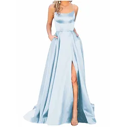 Women'S Long Dresses  Backless Long Dresses Satin Strap Party  Dress Side Slit Wedding Pockets Dress Vestidos платье 2024