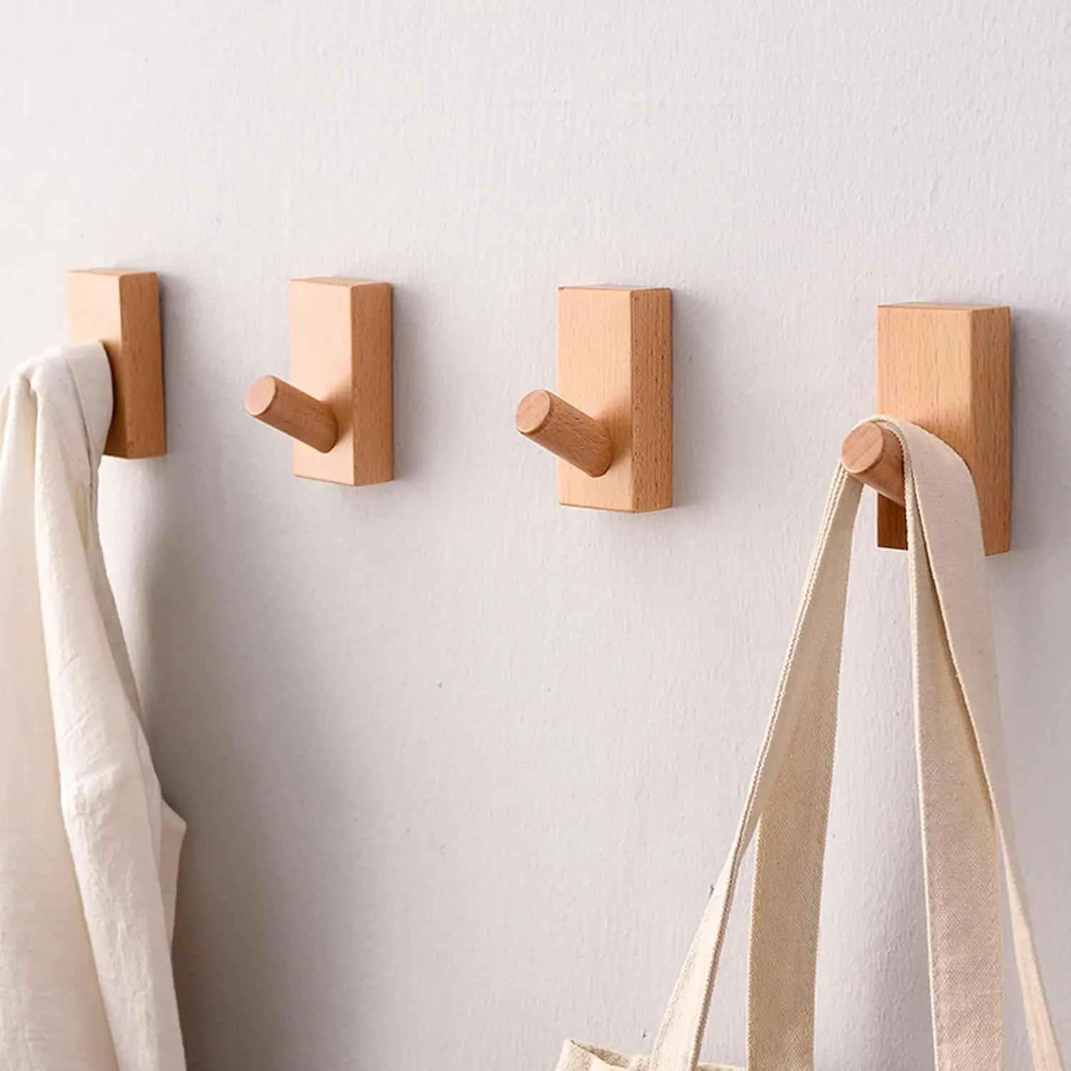 

4 Pack Wood Coat Hooks Wall Mounted - Heavy Duty Handmade Beech Hooks for Bathroom, Towel & Hat Hanger