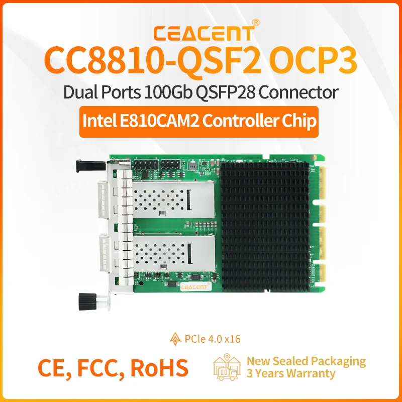 

E810-CQDA2 OCP3 CEACENT CC8810-QSF2 OCP3 100Gb/s Intel E810-CAM2 Chip OCP 3.0 NIC Dual-port QSFP28