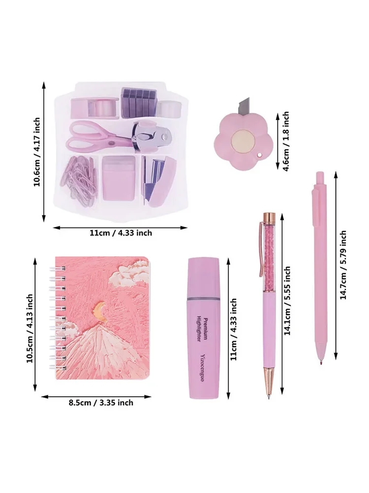Mini office kit includes stapler, tape dispenser stapler, paper clips, scissors, staples, pens, notebook small retractable knife