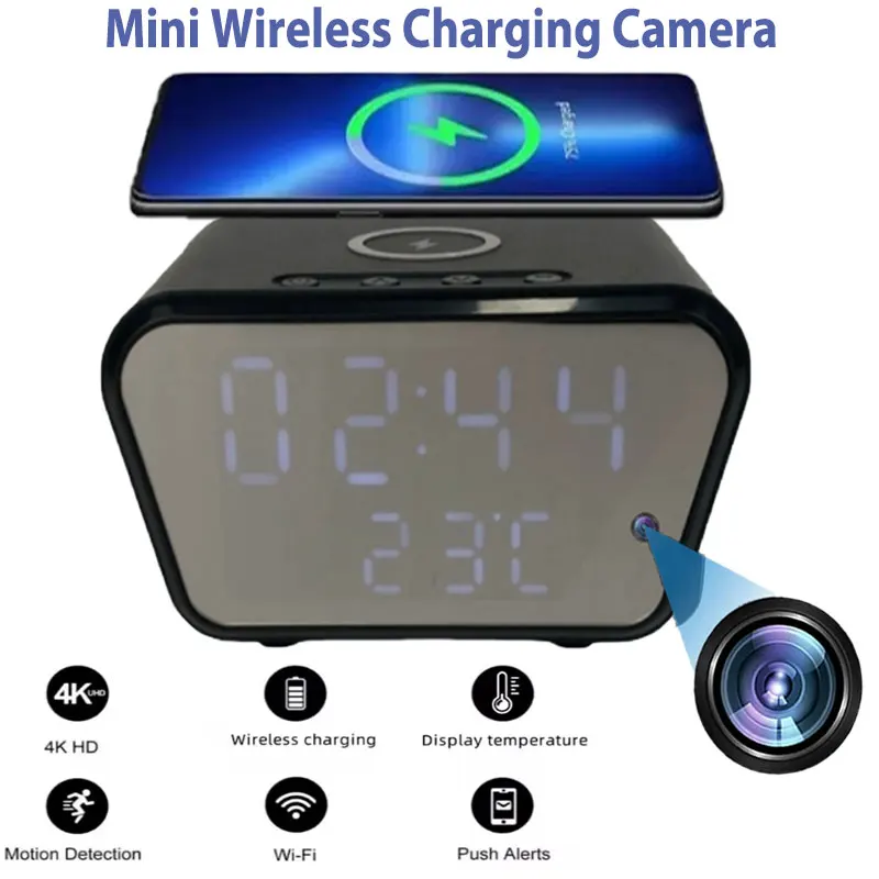 Wireless Charging Camera Mini WiFi6 Alarm Clock Cam Display Temperature Remote Viewing Camcorder APP Control with 32GB SD Card