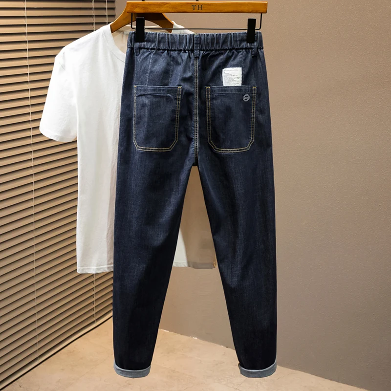 2024 Spring and Summer Thin Stretch Men's Cropped plus-Sized Jeans Drawstring Elastic Band Loose Casual plus Size Pants
