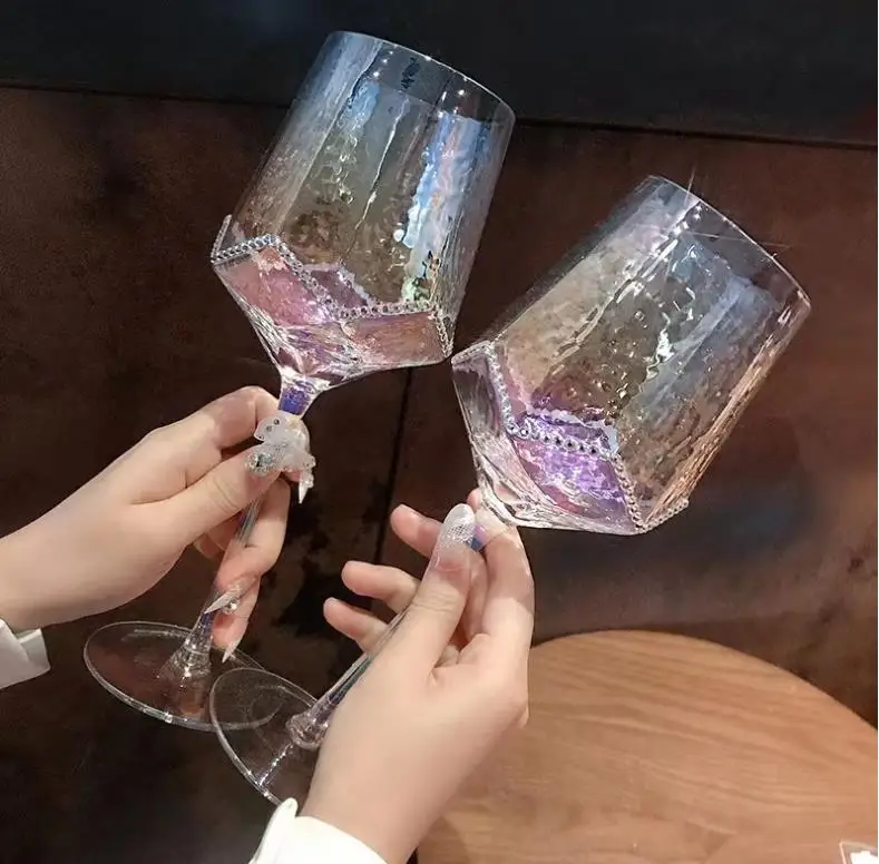 High-end diamond-encrusted red wine glass Crystal colorful hammer diamond wine glass vintage champagne glass rainbow goblet