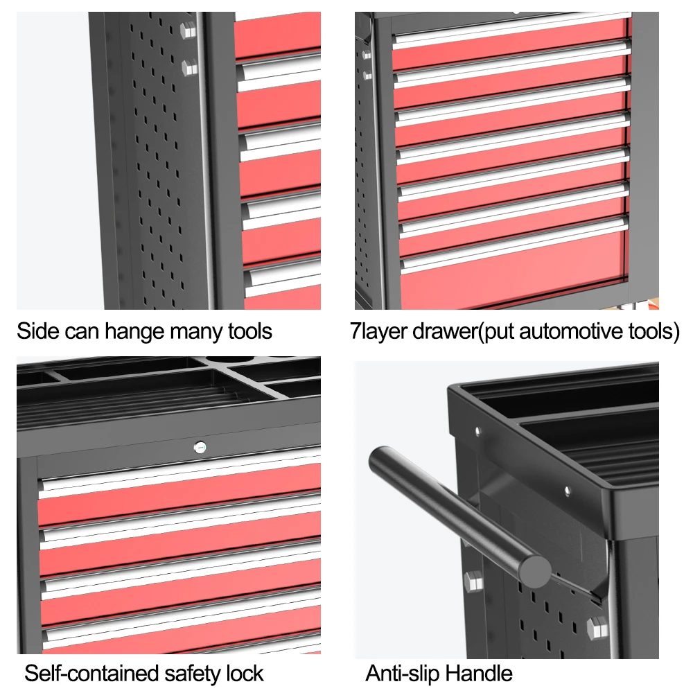 Carro de herramientas de 7 cajones con encimera antiincrustante, puede bloquear rueda, carrito de gabinete profesional mecánico para garaje, barbería, también caja