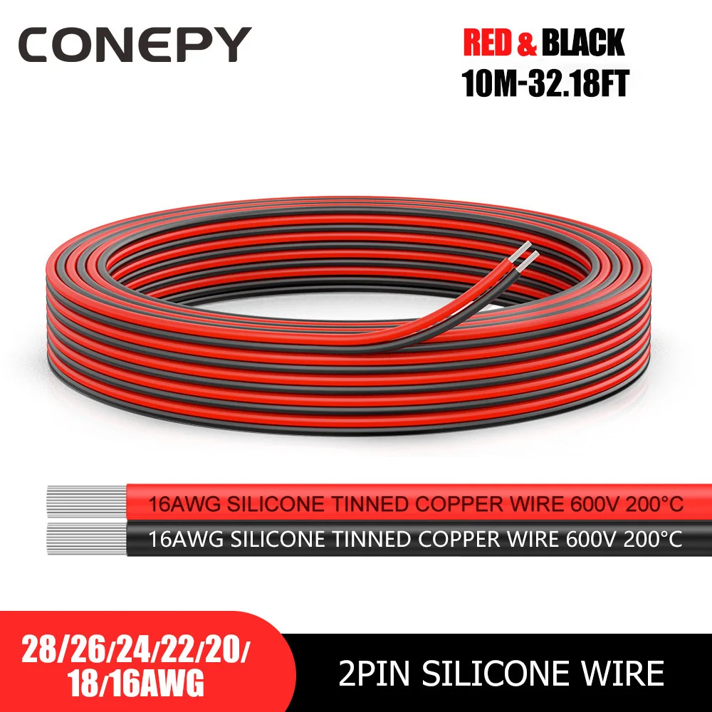 CONEPY 10M-32.81FT 2Pin Silicone 2 Conductor Parallel Wire line 16 Gauge 18 Gauge 20 Gauge 22 Gauge 24 Gauge 26 Gauge 28 Gauge