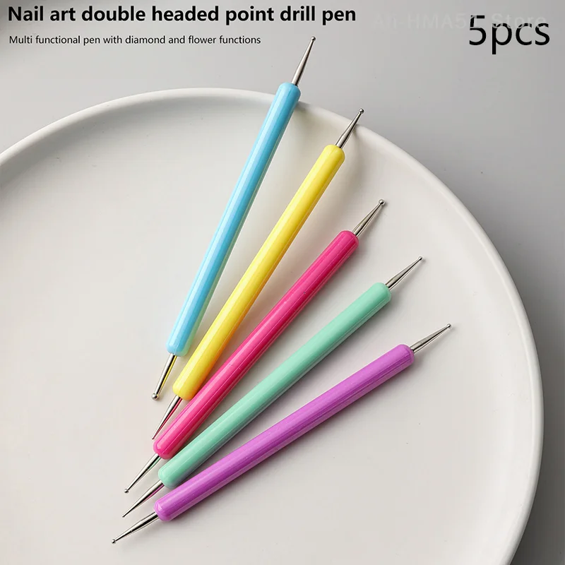 5pcs/Set Dual-Ended Nail Art Dotting Pen With Colorful Handle 3D Uv Gel Liner Flower Pattern Drawing Painting Brush