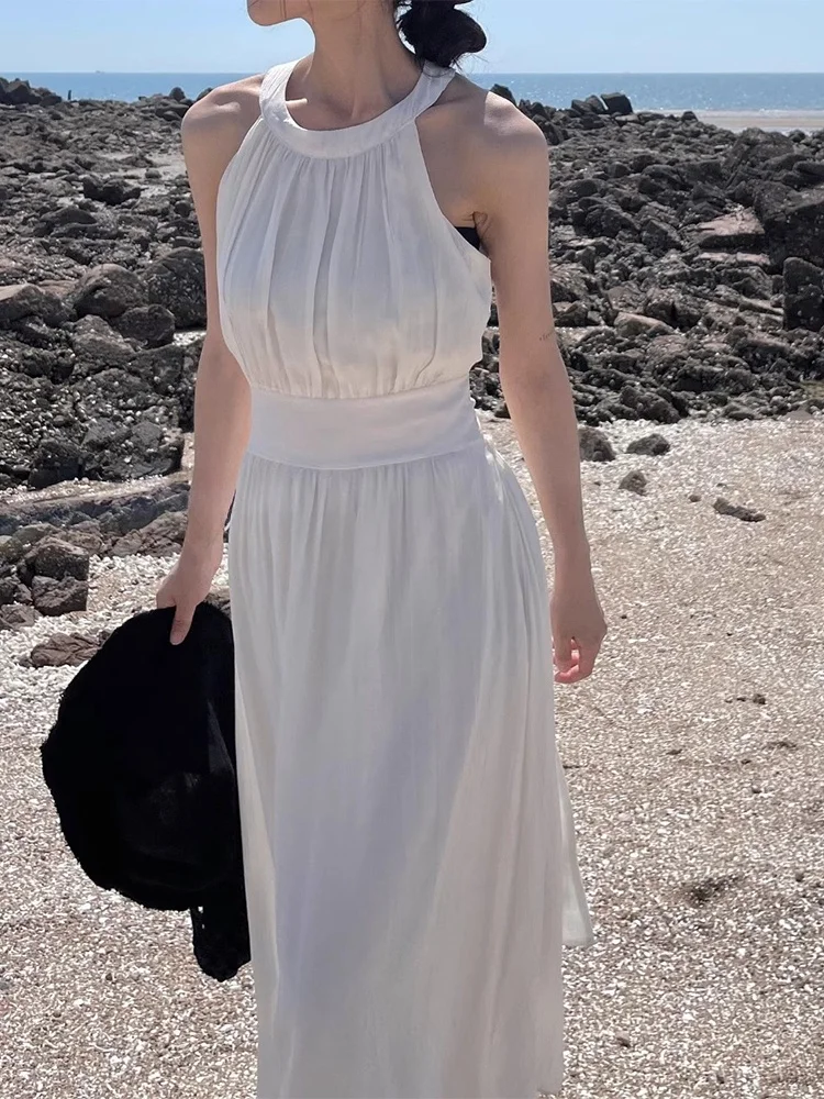 Liangliang Bal-Chaleco con cinturón calado para mujer, novedad de verano, Falda larga plisada Vintage, cintura alta, estilo coreano