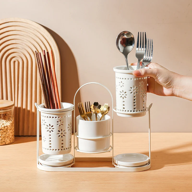 Creative Ceramic Kitchen Utensil Holder Drainage Multi-Hole Design Chopsticks Spoon Storage Rack Bucket Cage Style