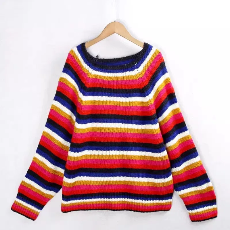 Striped Knitted Sweater Long Sve Casual Loose Fit Women's Inner Wear Autumn Winter New Sle Large Size Multi Color Simple