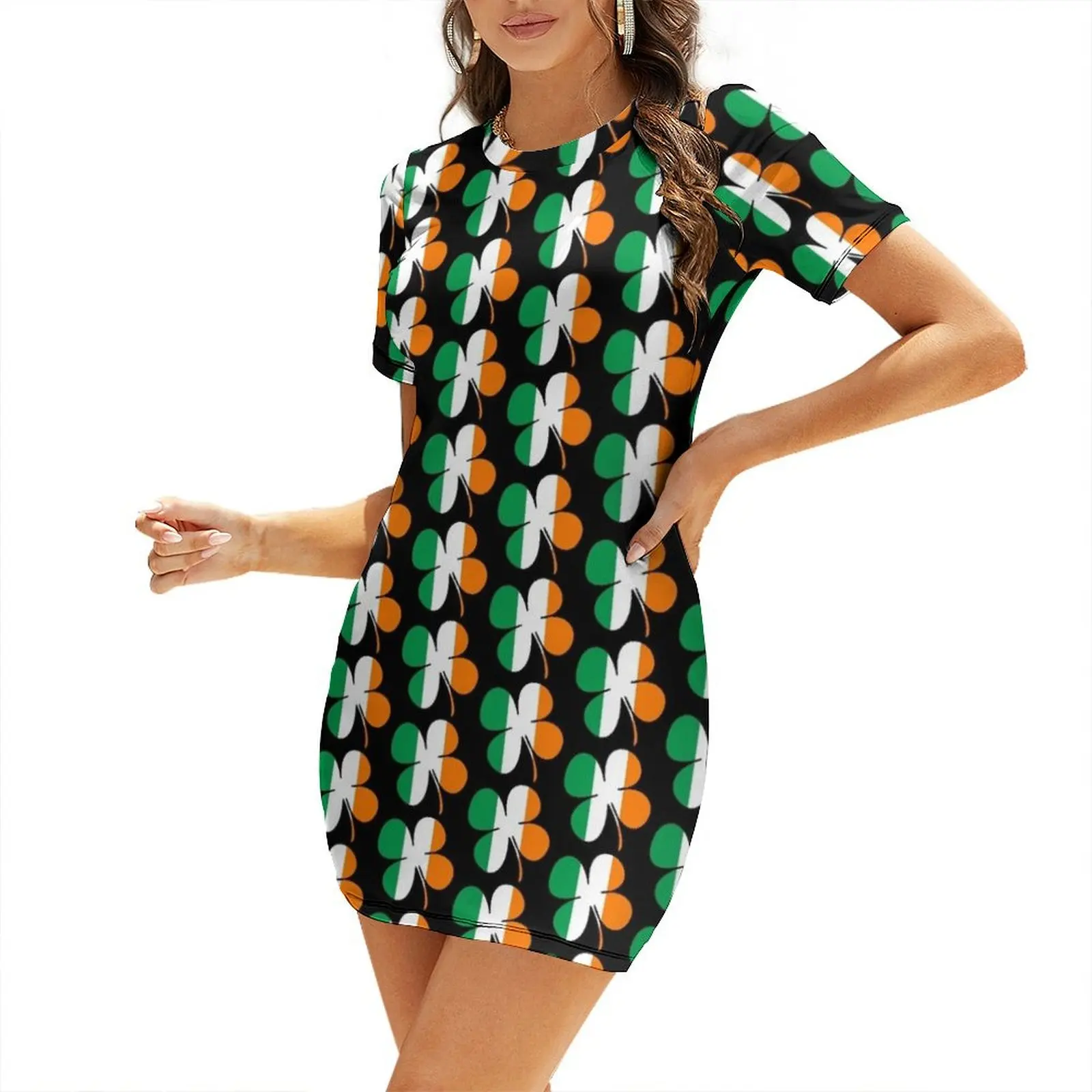 

Ireland Flag Shamrock Irish Four Leaf Clover Short Sleeved Dress Woman fashion elegant women's sets Dress