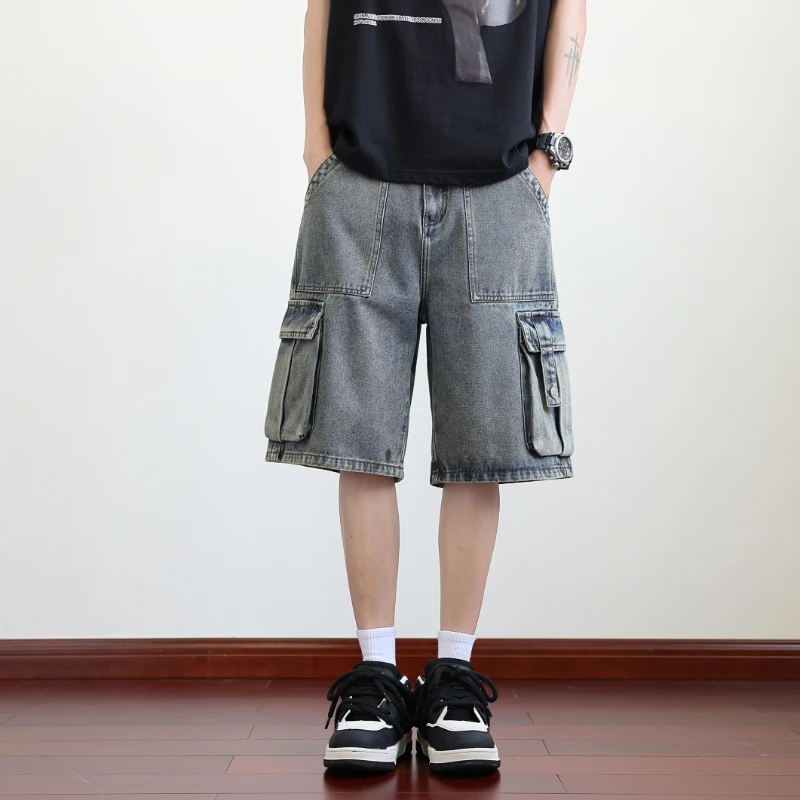 Short en jean à jambes droites pour hommes, multi-poches, ample, respirant, décontracté, vêtements de rue, confort classique, pièce essentielle d'été, M-8XL