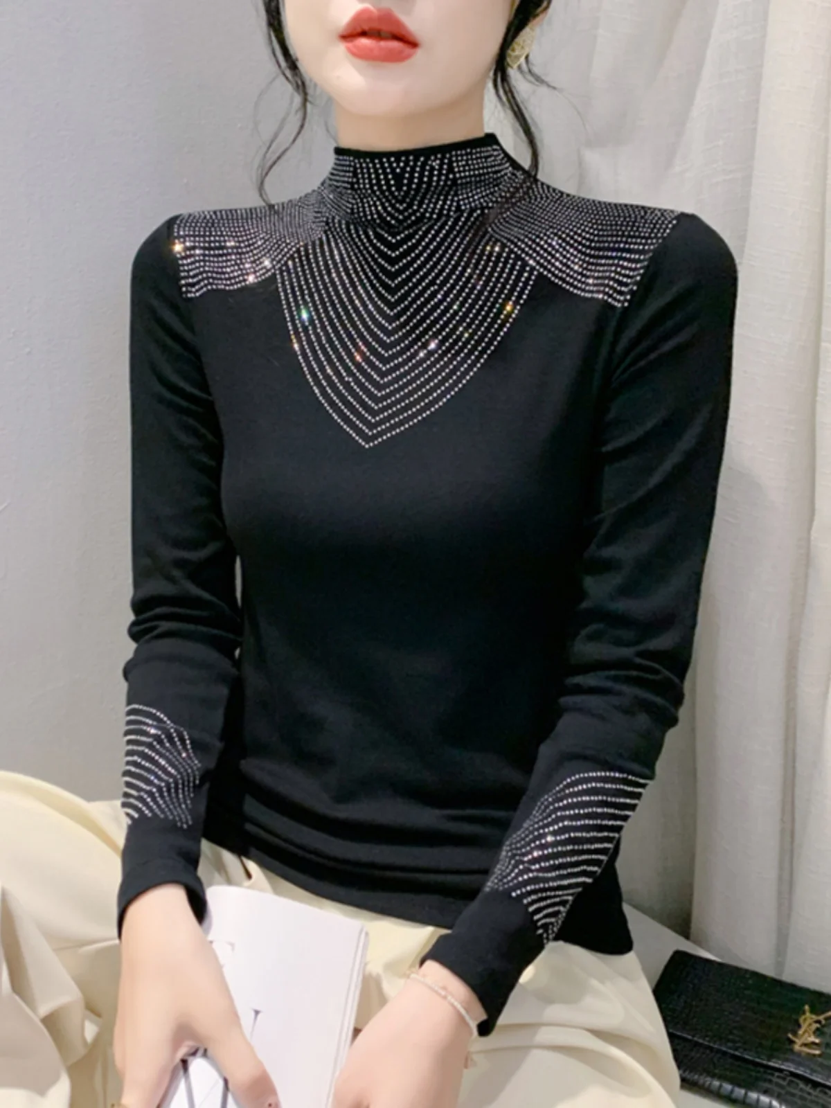 S-3XL Autumn New Cotton Black Top Women High Neck Long Sleeve Intimated Diamond T-shirt Slim Stretchy Trend Tees