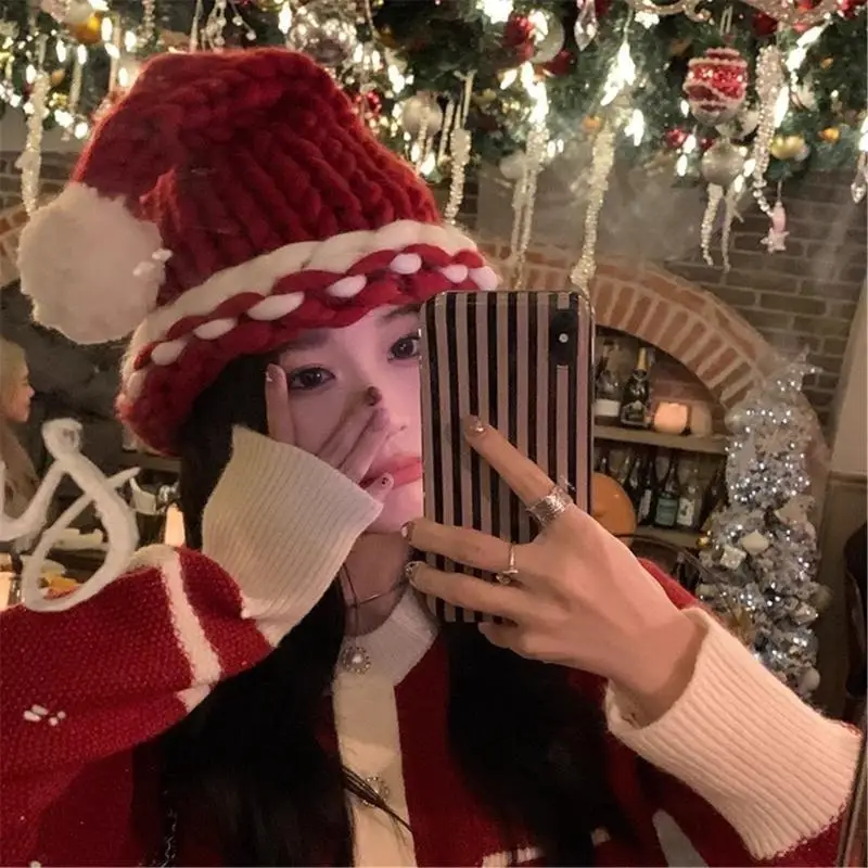 Gorro de Papá Noel bonito y moderno para mujer, gorro de punto grueso de invierno, gorro de punto rojo grueso y cálido para vacaciones