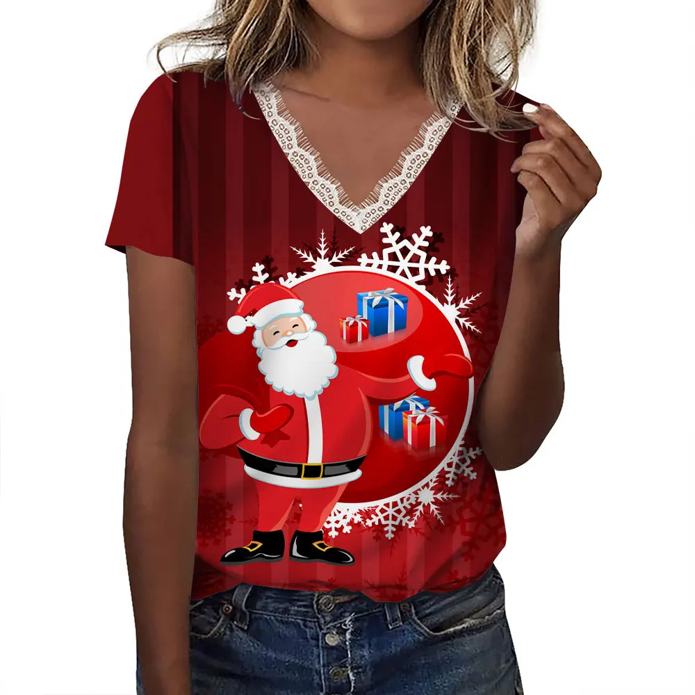 T-shirt a maniche corte da donna di natale moda modello babbo natale top con scollo a v Pullover top Tee camicetta da donna estate