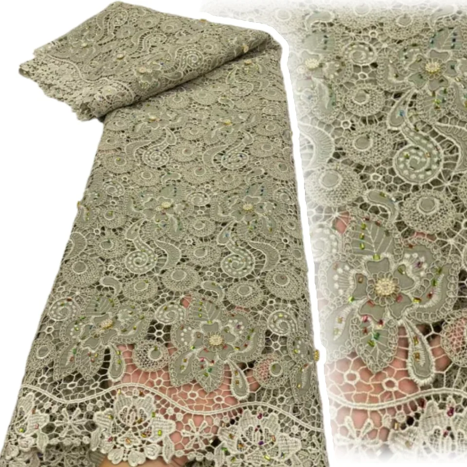 

2026 African Nigerian High Quality Embroidery Lace Fabric Water Soluble Tulle Wedding Party Dress Guipure Sequins 5 Yards1920