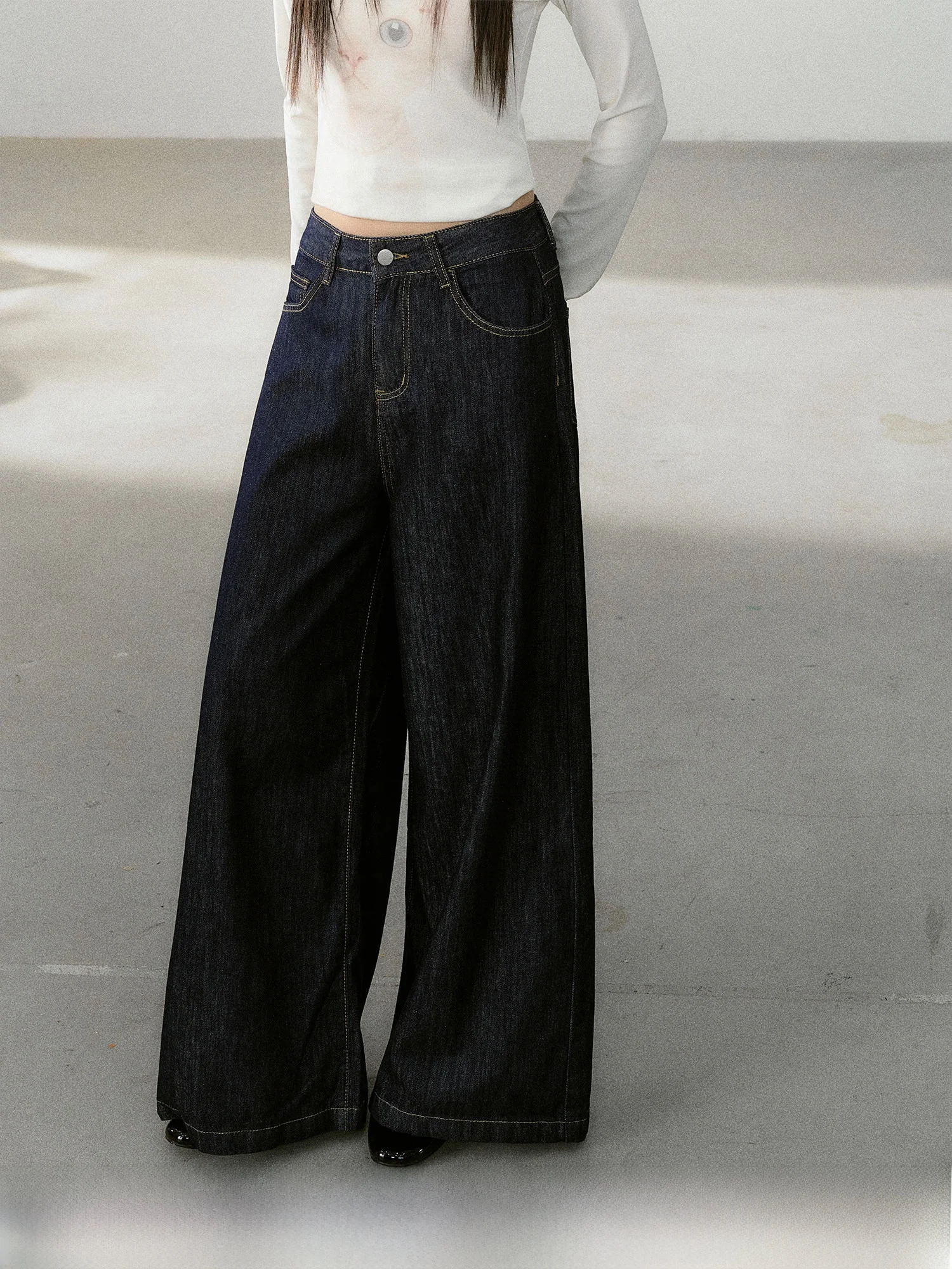 

CyNi Retro Versatile Slimming Casual Straight Leg Jeans Loose Wide Leg Pants Blue Fragments Loose Fit Cotton Zipper Closure