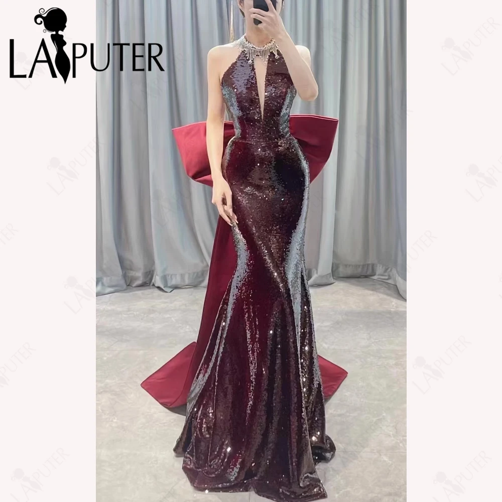 ชุดราตรีออกงานแบบเปิดไหล่ สีแดงเข้ม ประดับเลื่อม ทรงเมอร์เมด คอปก ชุดราตรีสีแดงเบอร์กันดี แบบดารา