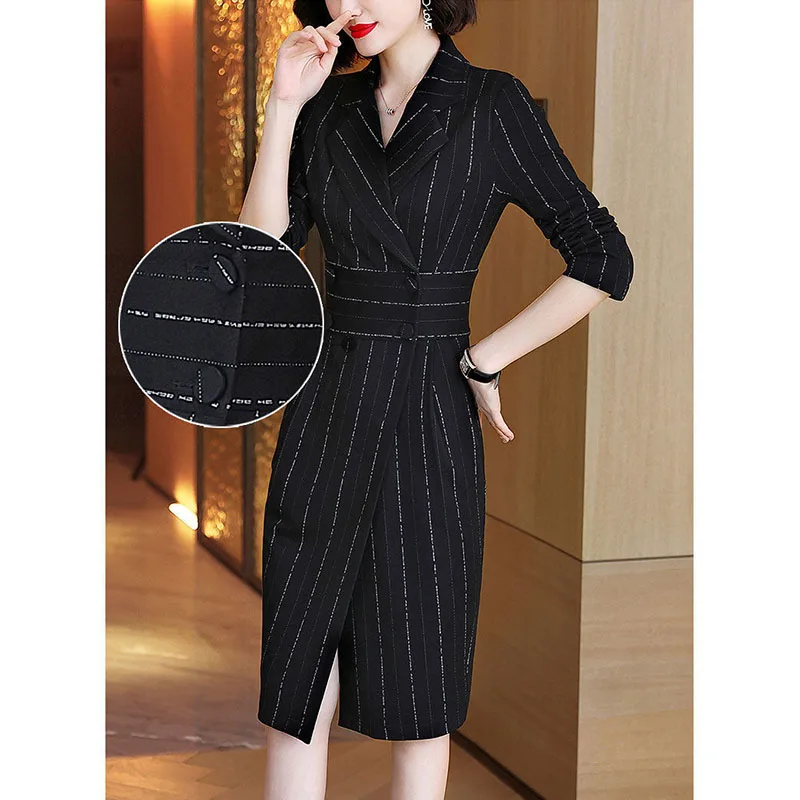 Elegant Woman Stripe Midi Dress Spring Autumn Long Sleeve V-Neck Double-breasted Button Split Female Black Fashion Dresses 2022