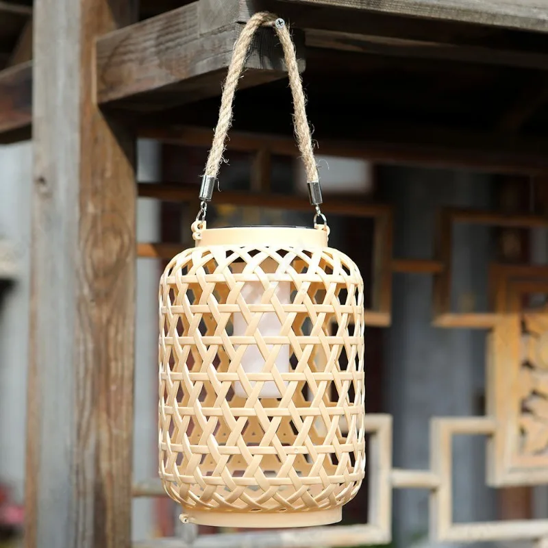 LED Solar Powered Bamboo Weaving Lantern Outdoor Courtyard Balcony Garden Decorative Atmosphere Lighting Fixtures