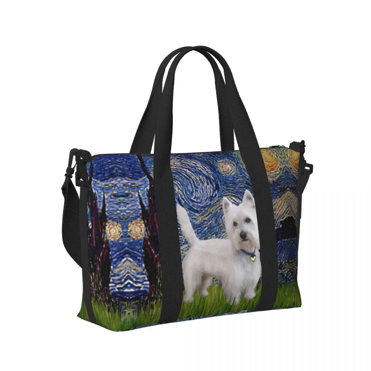 مخصص ليلة مرصعة بالنجوم ويست هايلاند جحر حمل حقيبة المرأة سعة كبيرة Westie الكلب فان جوخ الفن رياضة الشاطئ الكتف حقيبة سفر