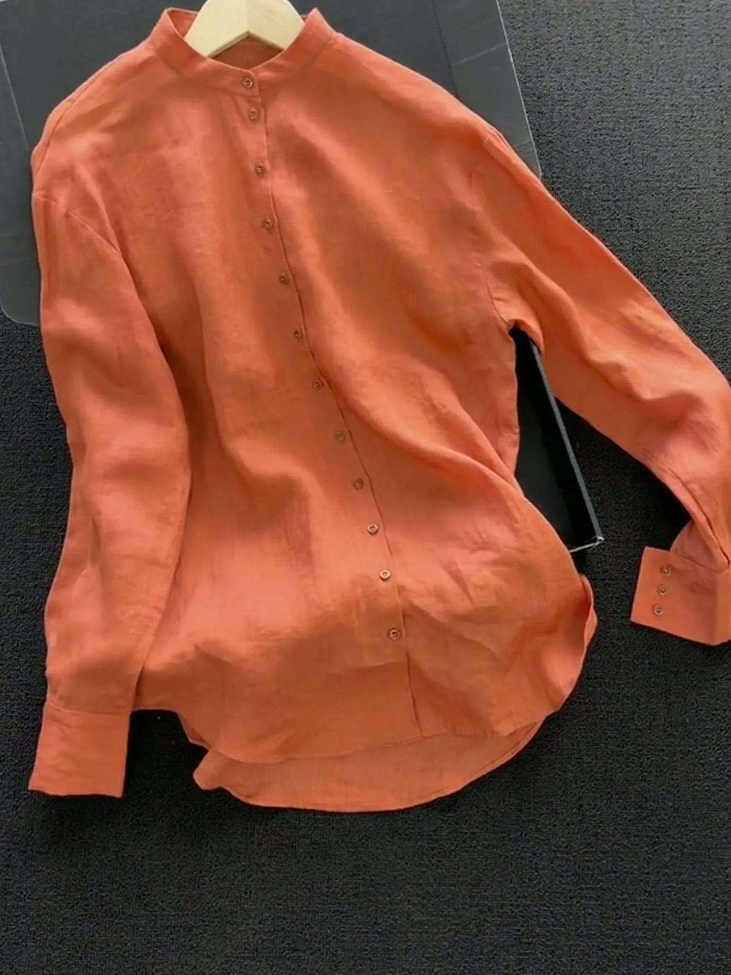 유니크 오렌지 허니 롱 슬리브 라운드 넥 여성 패셔너블 다용도 초가을 탑 프렌치 스타일 루즈핏 베이직