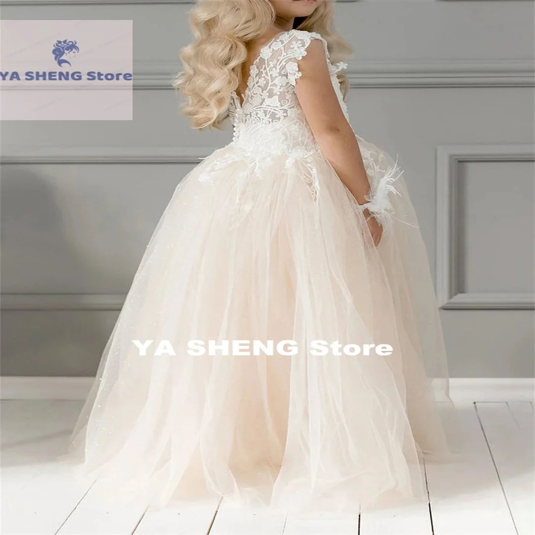 Pink Flower Girl Dress Tulle Puffy 3D Applique Off Shoulder Elegant For Wedding Child's First Eucharistic Birthday Party Dress