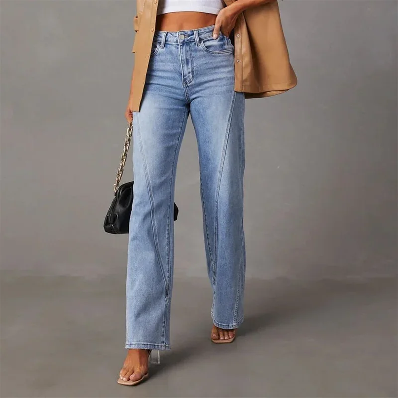 Jean Patchwork à Jambes Larges pour Femme, Pantalon en Denim, Taille Moyenne, Micro Évasé, Décontracté, Streetwear, 2024