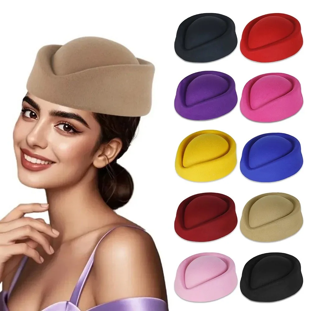 New British Retro Top Hats Formal Concave Top Felt Beret Solid Flight Attendant Hat Women Headwear